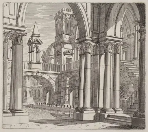 Architectural Fantasy with Buildings, Stairways, and Portals beside a Canal, by Giuseppe Antonio Landi