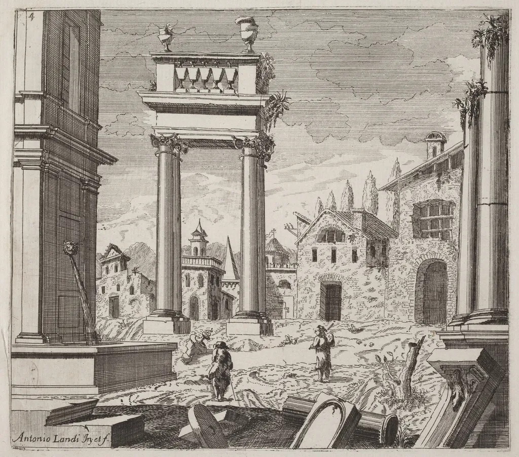 Architectural Fantasy with Classical Ruins and Vernacular Buildings, by Giuseppe Antonio Landi, ink, 1753