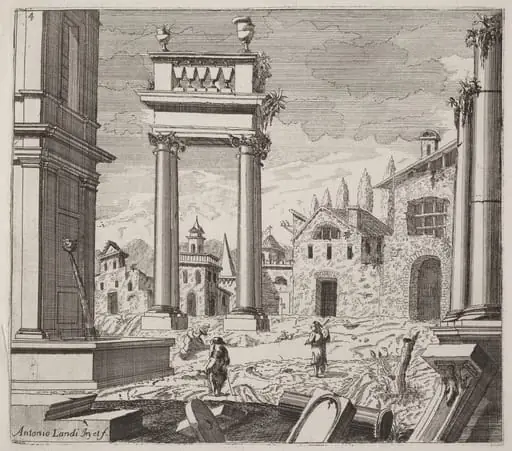 Architectural Fantasy with Classical Ruins and Vernacular Buildings, by Giuseppe Antonio Landi