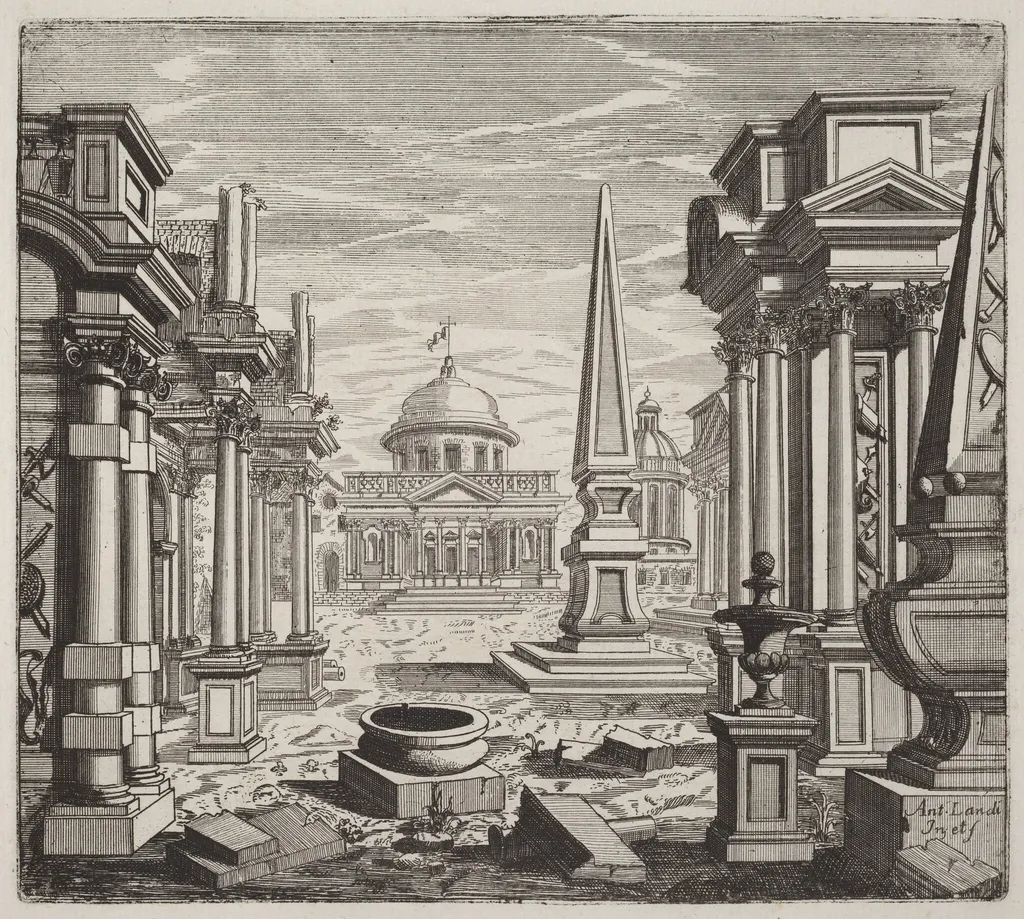 Architectural Fantasy with Obelisks, Ruins, and a Piazza, by Giuseppe Antonio Landi, ink, 1753