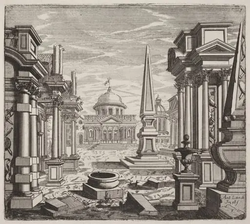 Architectural Fantasy with Obelisks, Ruins, and a Piazza, by Giuseppe Antonio Landi