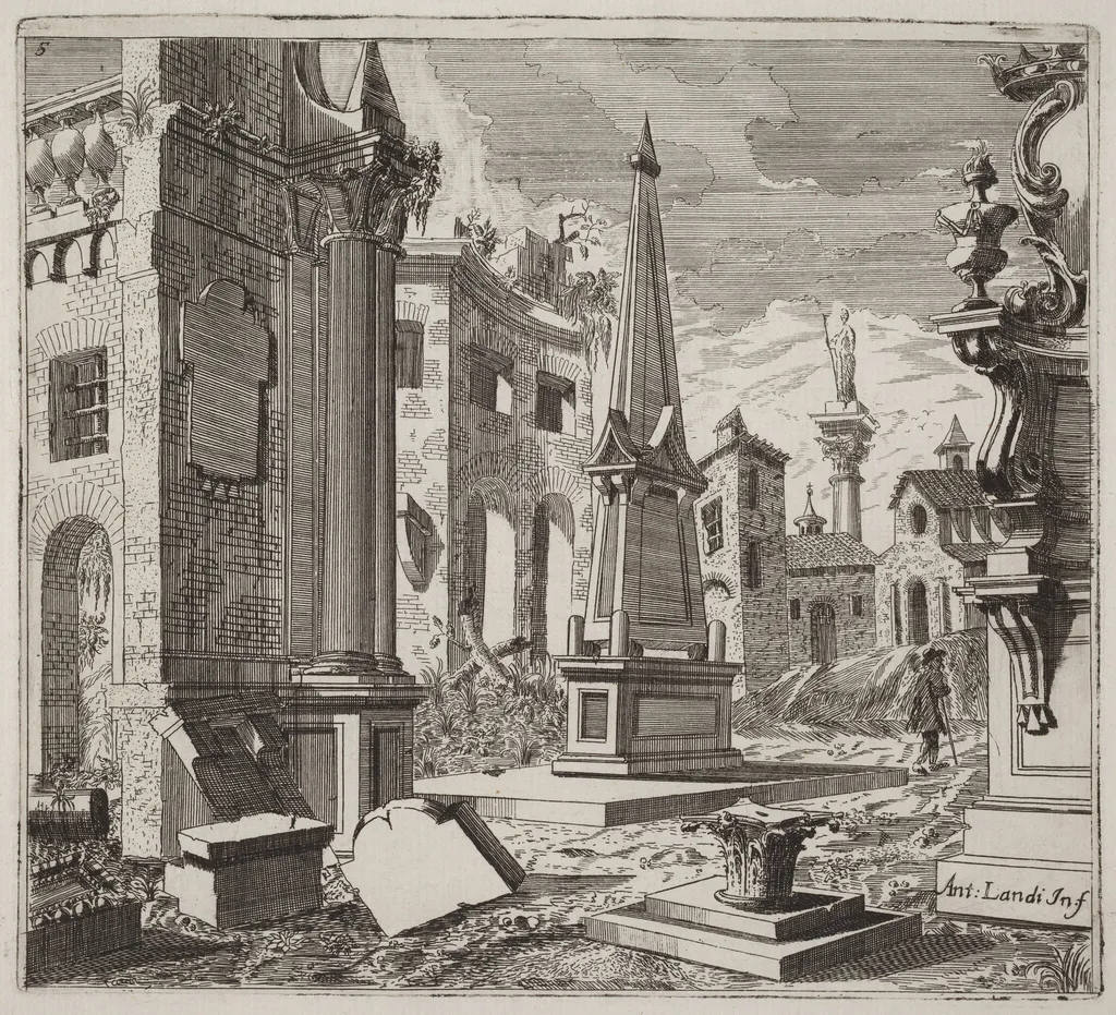 Fantastic Townscape with Ruins, by Giuseppe Antonio Landi, ink, 1753