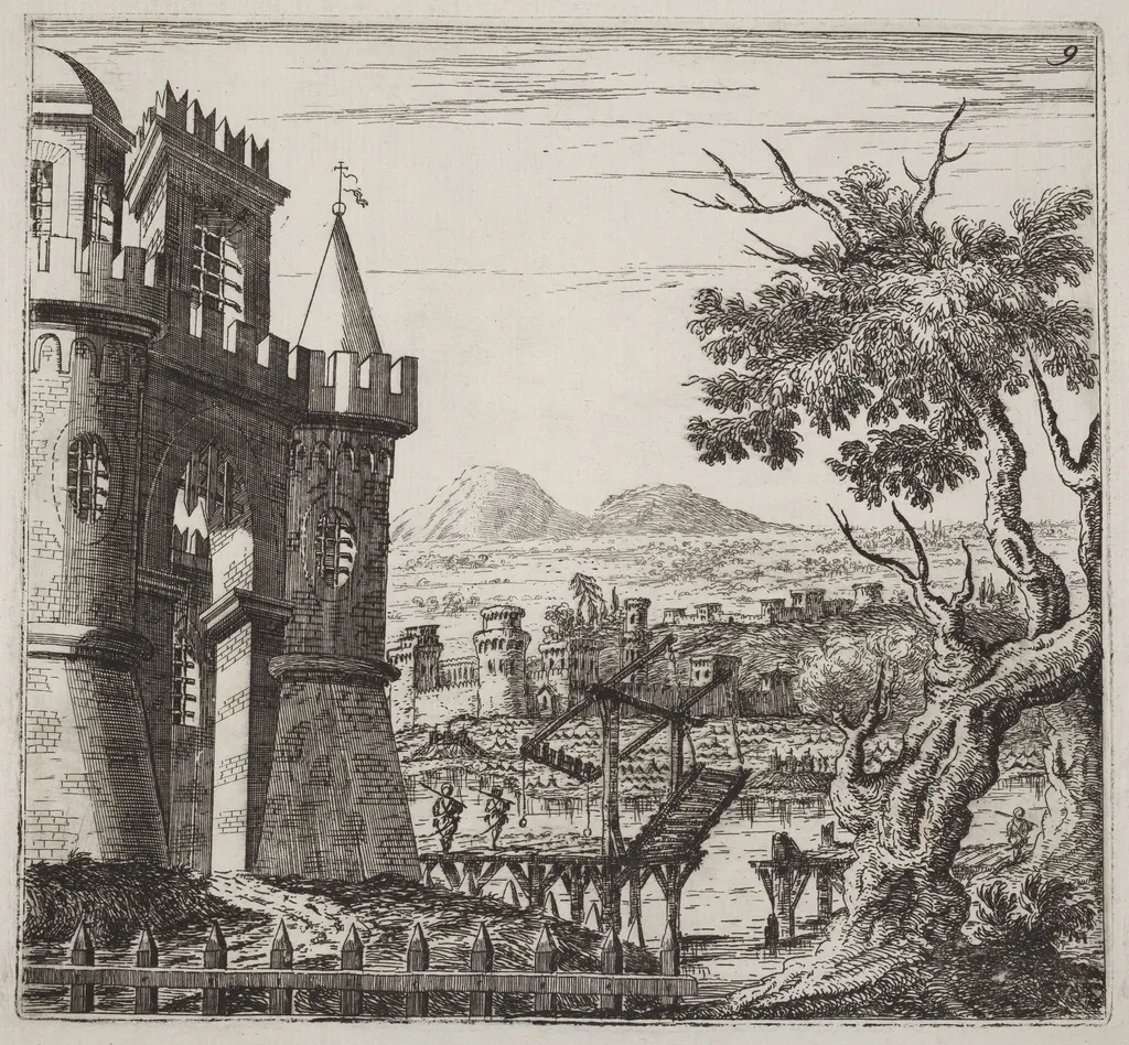 Landscape with a Castle and a Drawbridge, by Giuseppe Antonio Landi, ink, 1753