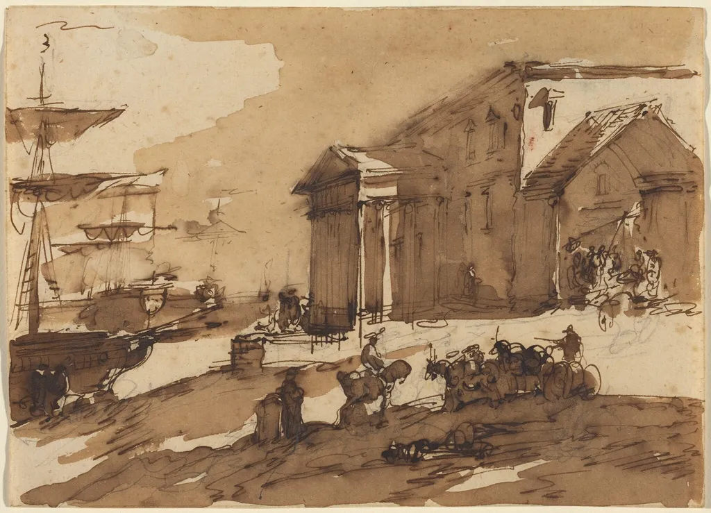 Capriccio of a Port Scene, by Giuseppe Bernardino Bison, ink, 1803