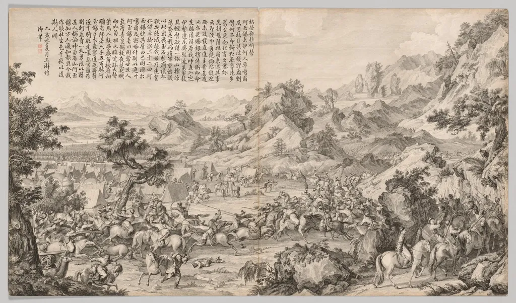 Attacking the Camp at Gatan Ola: from Battle Scenes of the Quelling of Rebellions in the Western Region, with Imperial Poems, by Giuseppe Castiglione