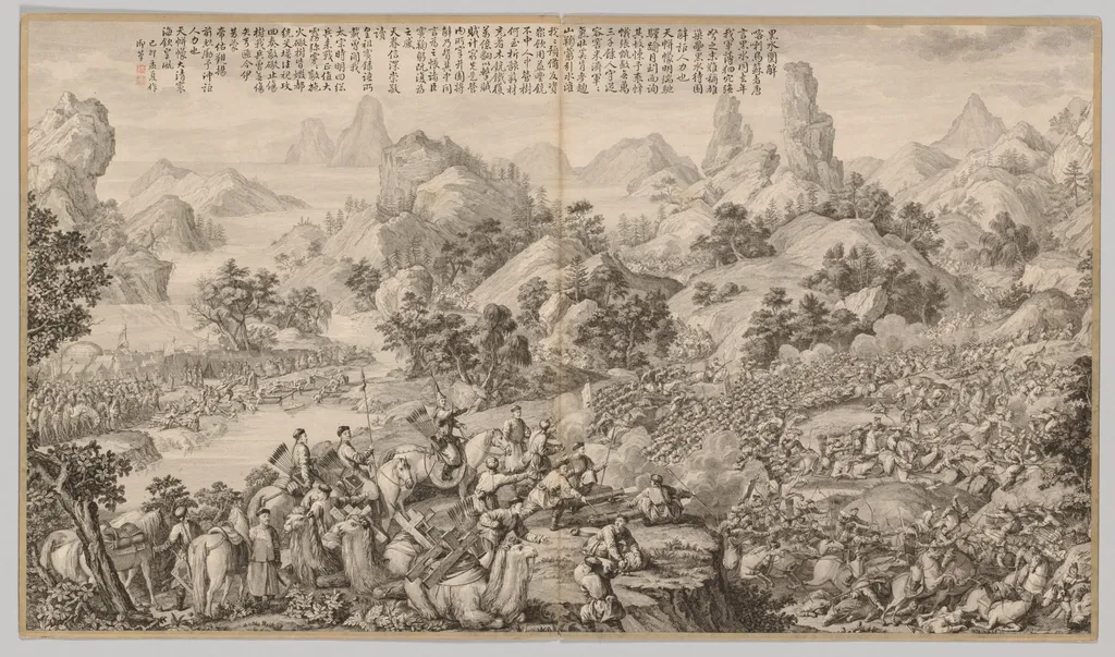 Breaking Through the Siege at Hesui: from Battle Scenes of the Quelling of Rebellions in the Western Regions, with imperial Poems, by Giuseppe Castiglione