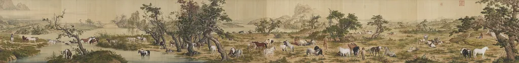 One Hundred Horses, by Giuseppe Castiglione, ink, 1728