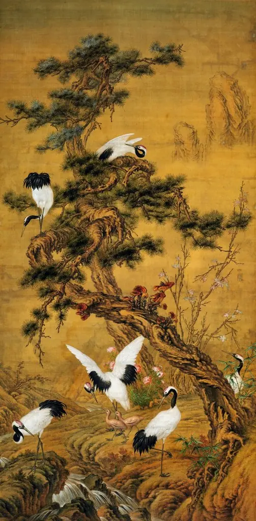 Pines and cranes in spring., by Giuseppe Castiglione