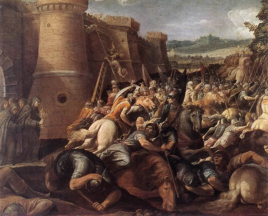 St Clare with the Scene of the Siege of Assisi, by Giuseppe Cesari, oil, 1650