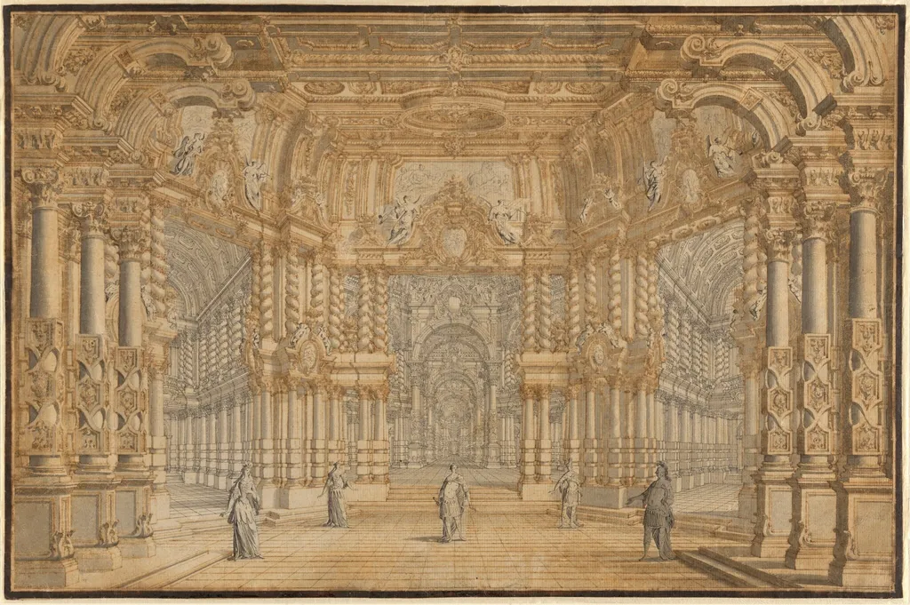 A Stage Design for an Opera with Actors, by Giuseppe Galli Bibiena, ink, 1750
