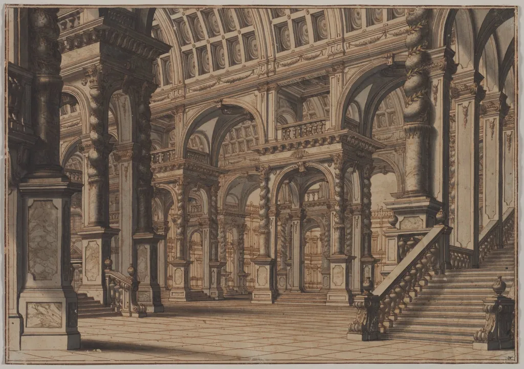 Monumental Vaulted Hall with Staircase, by Giuseppe Galli Bibiena, 1738