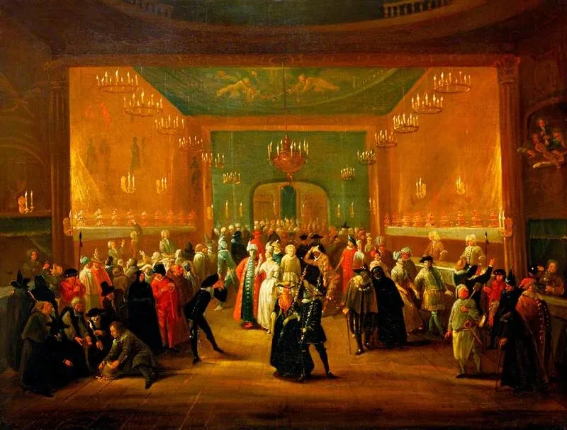 A Masquerade at the King's Theatre, Haymarket, by Giuseppe Grisoni, oil, 1724