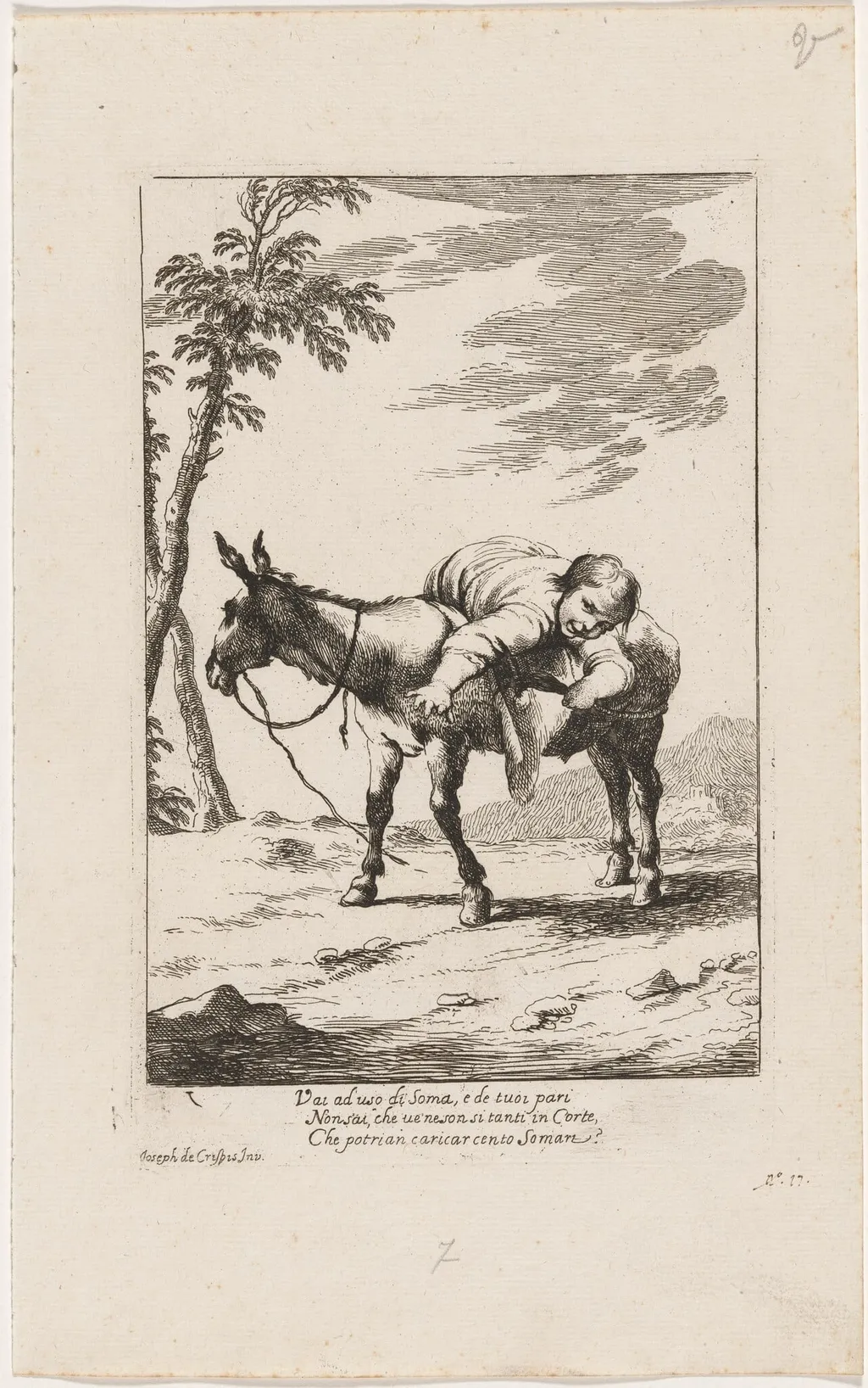 Bertoldino Lying on a Donkey, by Giuseppe Maria Crespi, ink, 1712