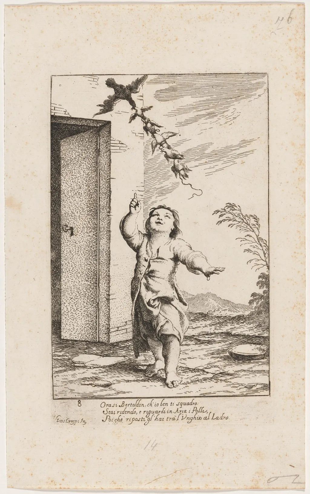 Bertoldino with the Birds Carried Away By the Kite, by Giuseppe Maria Crespi, ink, 1712