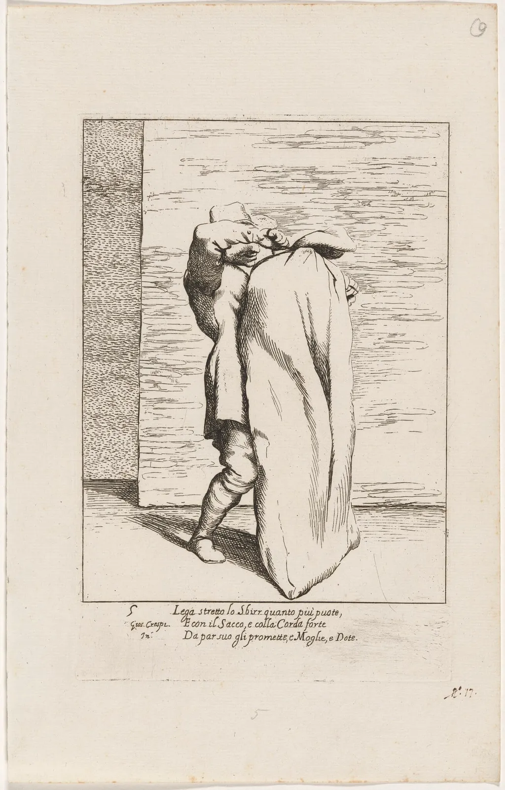 Bertoldo Placing the Jailer in the Sack, by Giuseppe Maria Crespi, ink, 1712