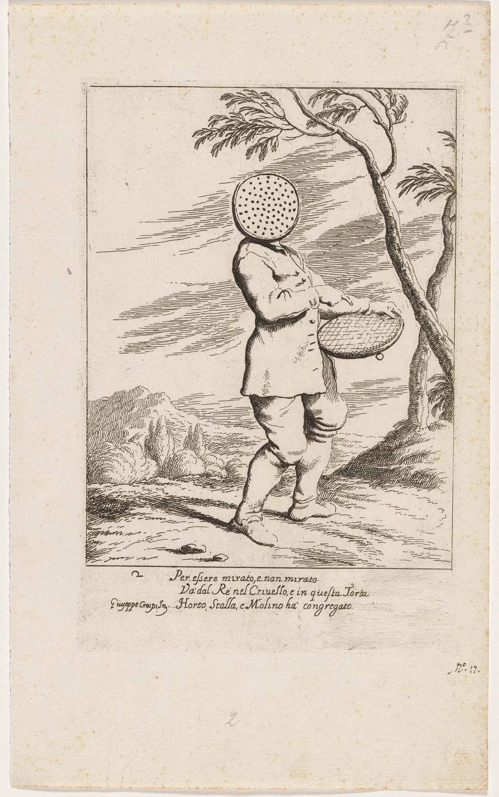 Bertoldo with a Sieve on His Head, by Giuseppe Maria Crespi, ink, 1712