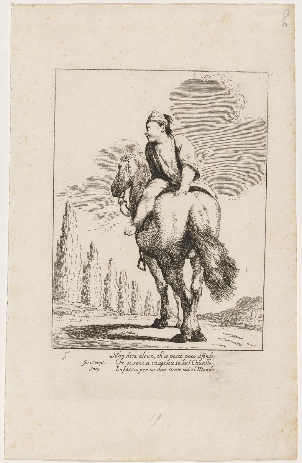 Cacasenno Riding a Horse Backwards, by Giuseppe Maria Crespi, ink, 1712