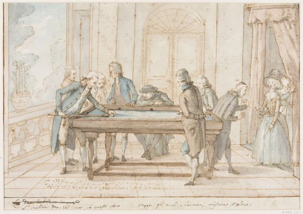Group of gentlemen playing Billiards, by Giuseppe Piattoli, watercolor, 1784
