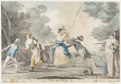 Group of youths and girls playing Blind Man's Buff, by Giuseppe Piattoli