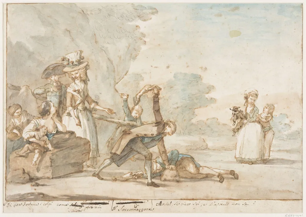 Two boys playing a variation of Blind Man's Buff, by Giuseppe Piattoli, watercolor, 1784