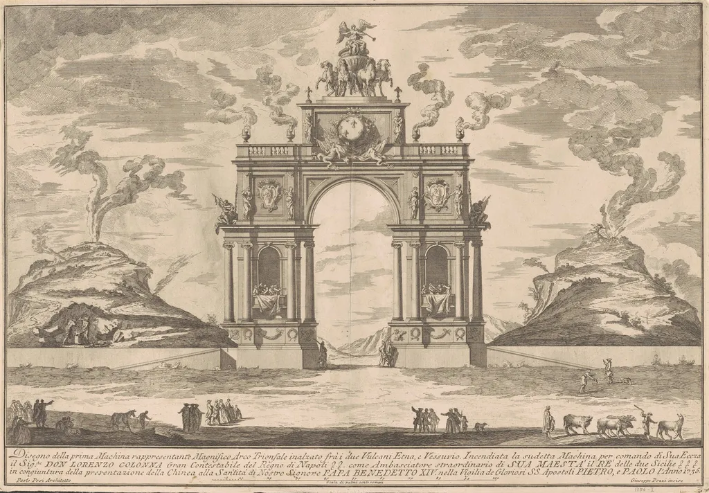 The Prima Macchina for the Chinea of 1756: A Triumphal Arch between Mount Etna and Mount Vesuvius, by Giuseppe Pozzi, ink, 1756