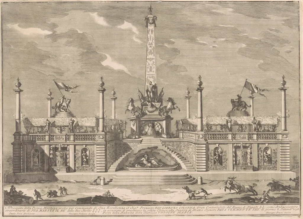 The Prima Macchina for the Chinea of 1758: A "Deliziosa" with Hanging Gardens, by Giuseppe Pozzi, ink, 1758