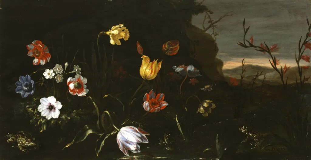 Flowers by a Pond with Frogs, by Giuseppe Recco, oil, 1670