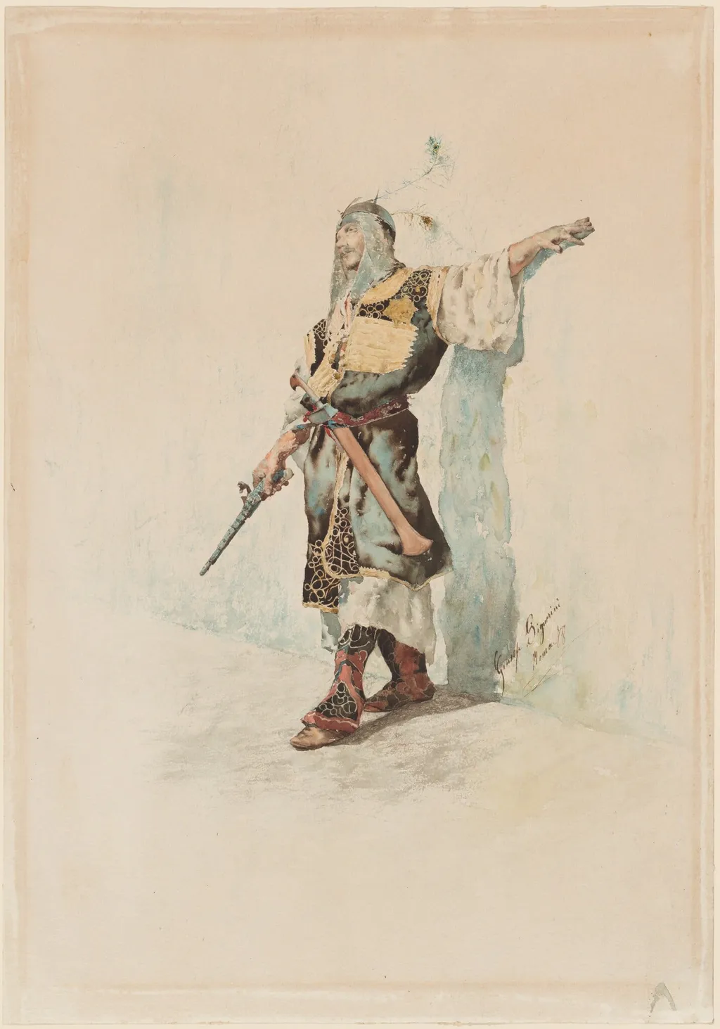 A Moorish Soldier before a Sunlit Wall, by Giuseppe Signorini, graphite, 1878