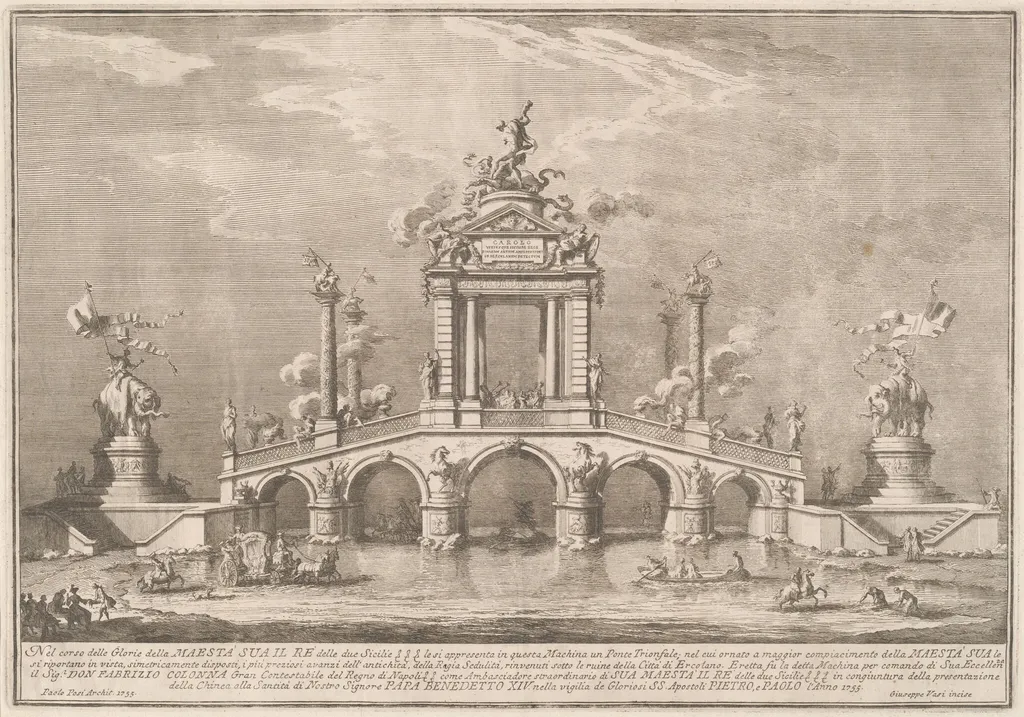 The Prima Macchina for the Chinea of 1755: A Triumphal Bridge with Antiquities from Herculaneum, by Giuseppe Vasi, ink, 1755