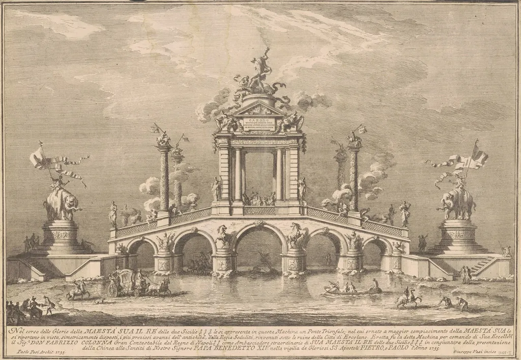 The Prima Macchina for the Chinea of 1755: A Triumphal Bridge with Antiquities from Herculaneum, by Giuseppe Vasi, ink, 1755