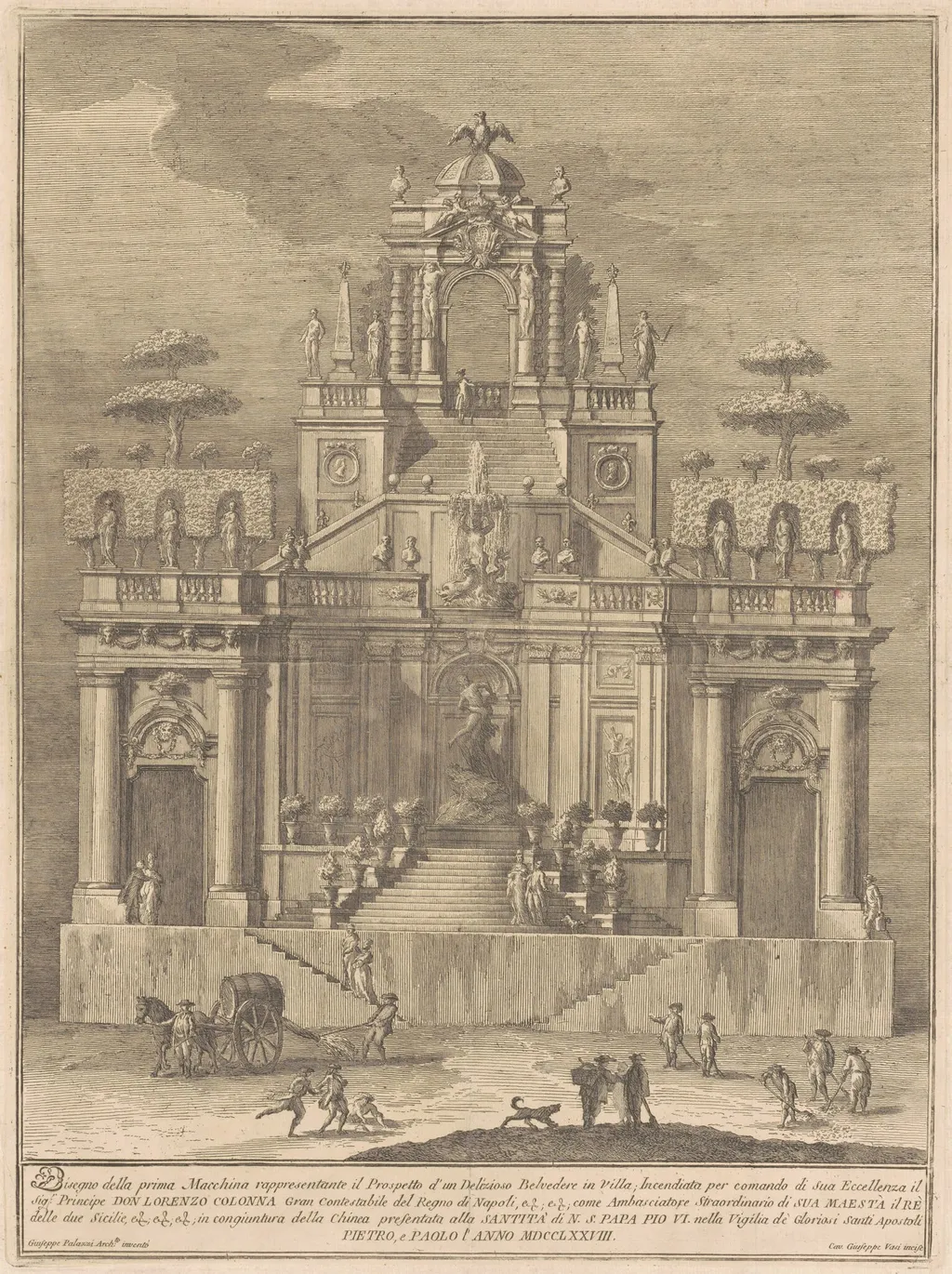 The Prima Macchina for the Chinea of 1778: A Countryside Belevedere with Hercules and Antaeus, by Giuseppe Vasi, ink, 1778