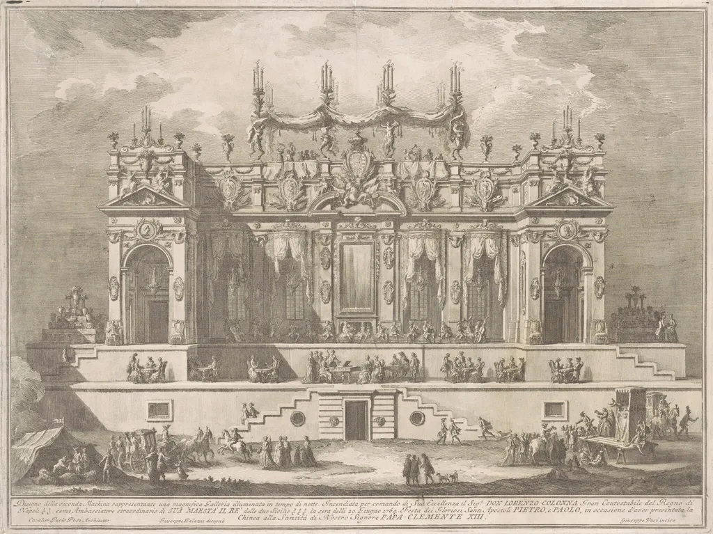 The Seconda Macchina for the Chinea of 1764: A Magnificent Gallery Illuminated at Night, by Giuseppe Vasi, ink, 1764