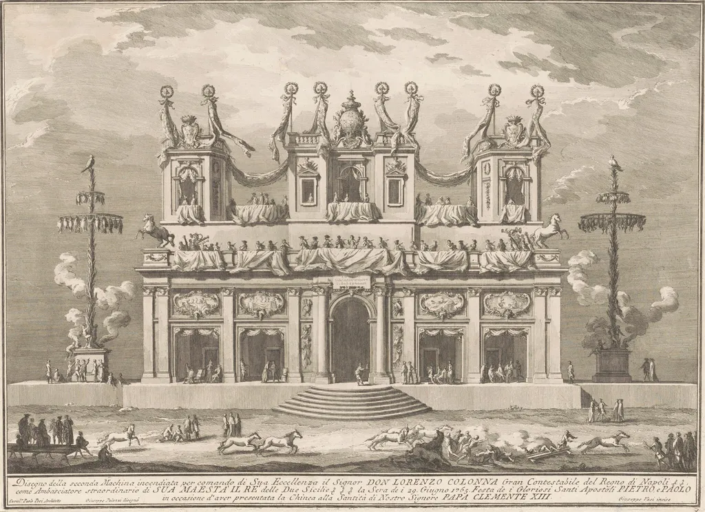 The Seconda Macchina for the Chinea of 1765: A Decorated Building with Cockaigne Poles, by Giuseppe Vasi, ink, 1765