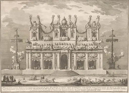 The Seconda Macchina for the Chinea of 1765: A Decorated Building with Cockaigne Poles, by Giuseppe Vasi