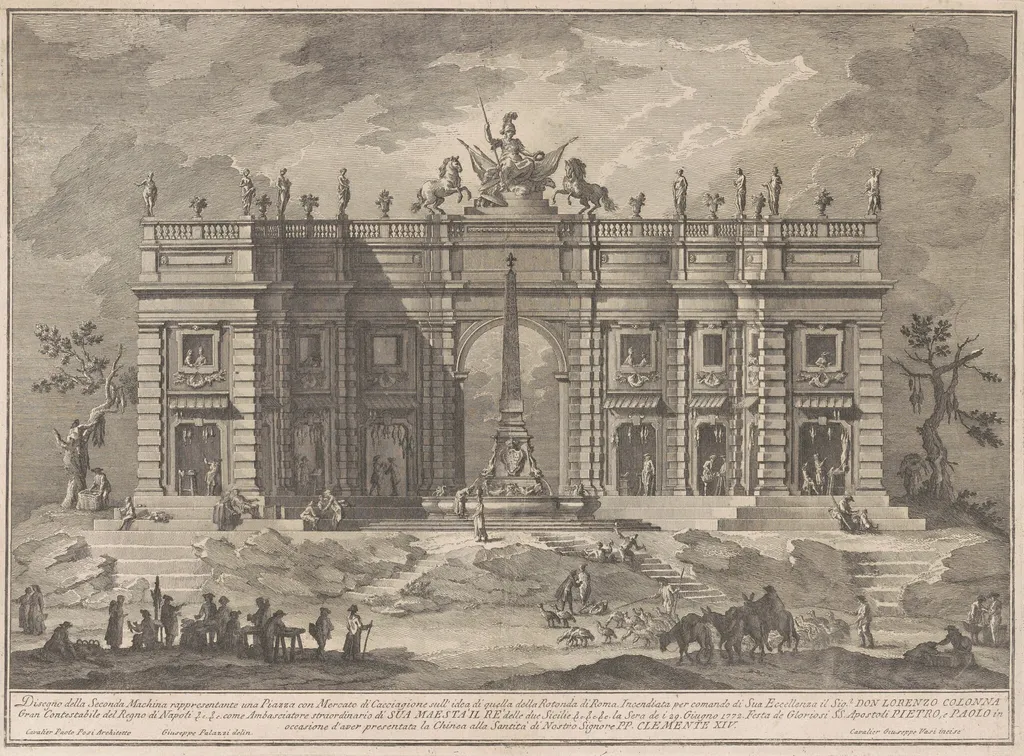 The Seconda Macchina for the Chinea of 1772: A Square with a Game Market and the Pantheon Fountain, by Giuseppe Vasi, ink, 1772