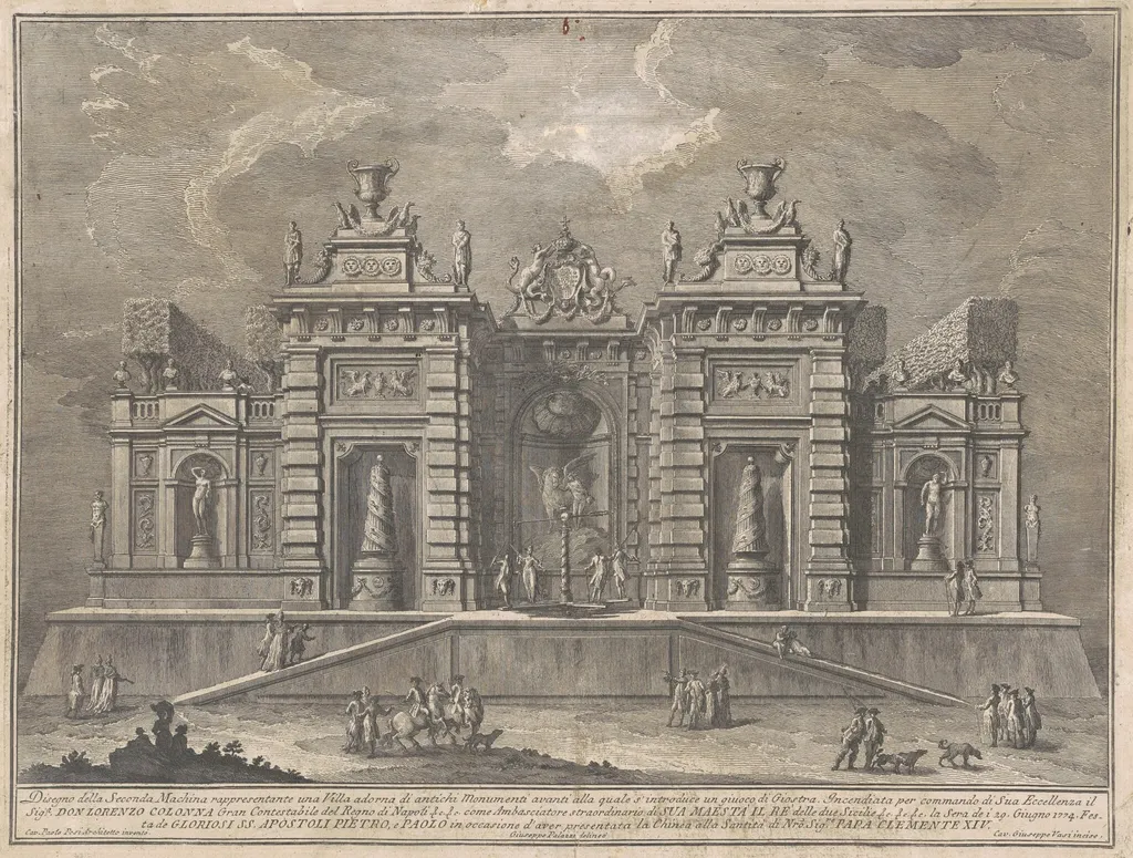 The Seconda Macchina for the Chinea of 1774: A Villa with Ancient Monuments and a Game of "Giostra", by Giuseppe Vasi, ink, 1774