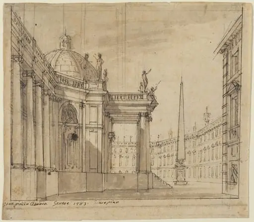 Stage Design: A Piazza with a Domed Church and an Obelisk, by Giuseppino Galliari