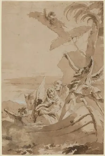 The Flight into Egypt with the Holy Family and Two Angels in a Skiff, by Giustino Menescardi