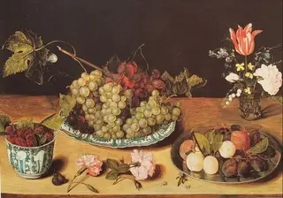 Glass of flowers, plate with grapes, plate with plums and crow cup of black raspberries, by Isaak Soreau