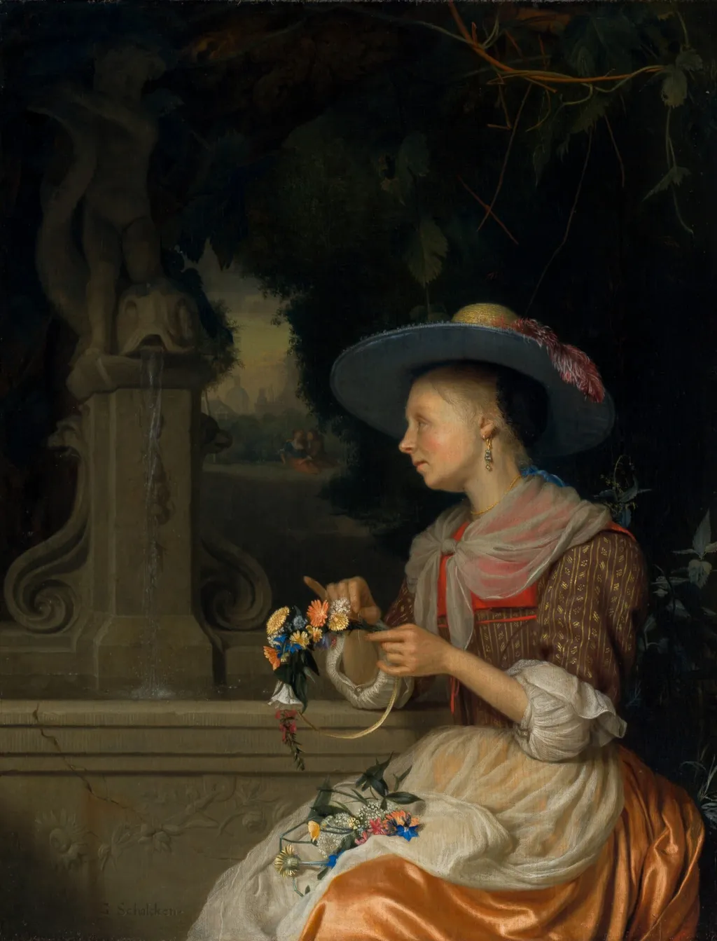 Woman Weaving a Crown of Flowers, by Godefridus Schalcken, oil, 1678