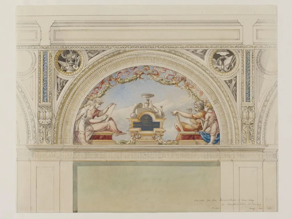 Design for decorative lunette: 'Model Drawing', by Godfrey Sykes, 1863