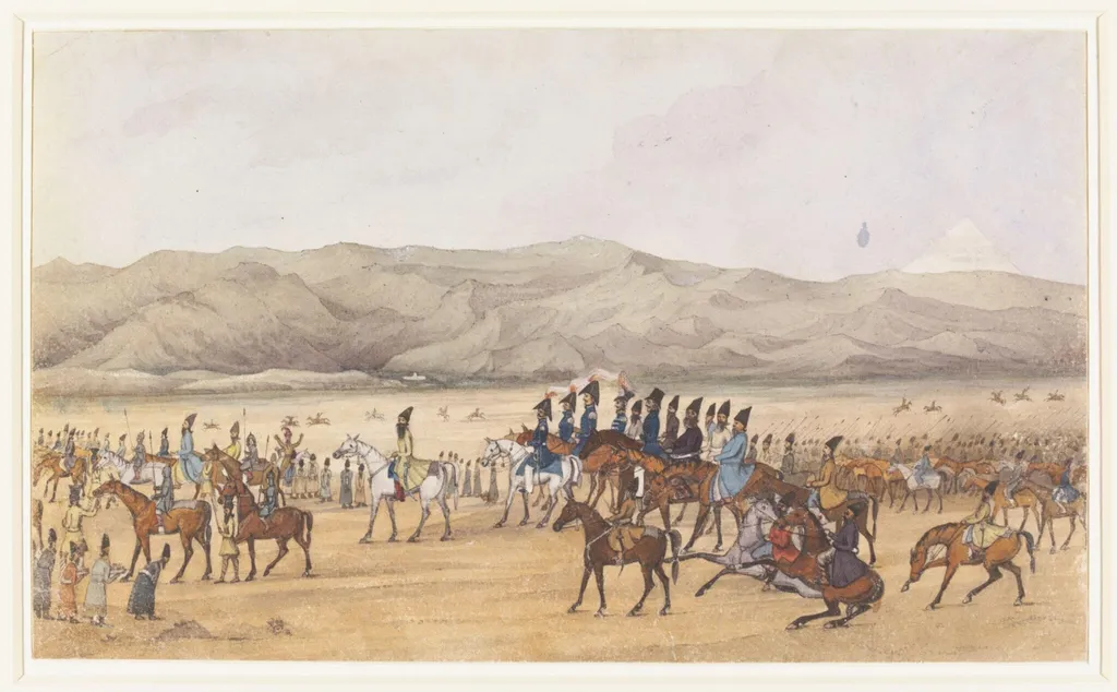 Istakball or public entry of H. R. H. Abbas Mirza at Tehran after the Campaign in Khorassan on the 15th. of June 1833, by Godfrey Thomas Vigne, watercolor, 1833