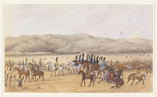 Istakball or public entry of H. R. H. Abbas Mirza at Tehran after the Campaign in Khorassan on the 15th. of June 1833, by Godfrey Thomas Vigne