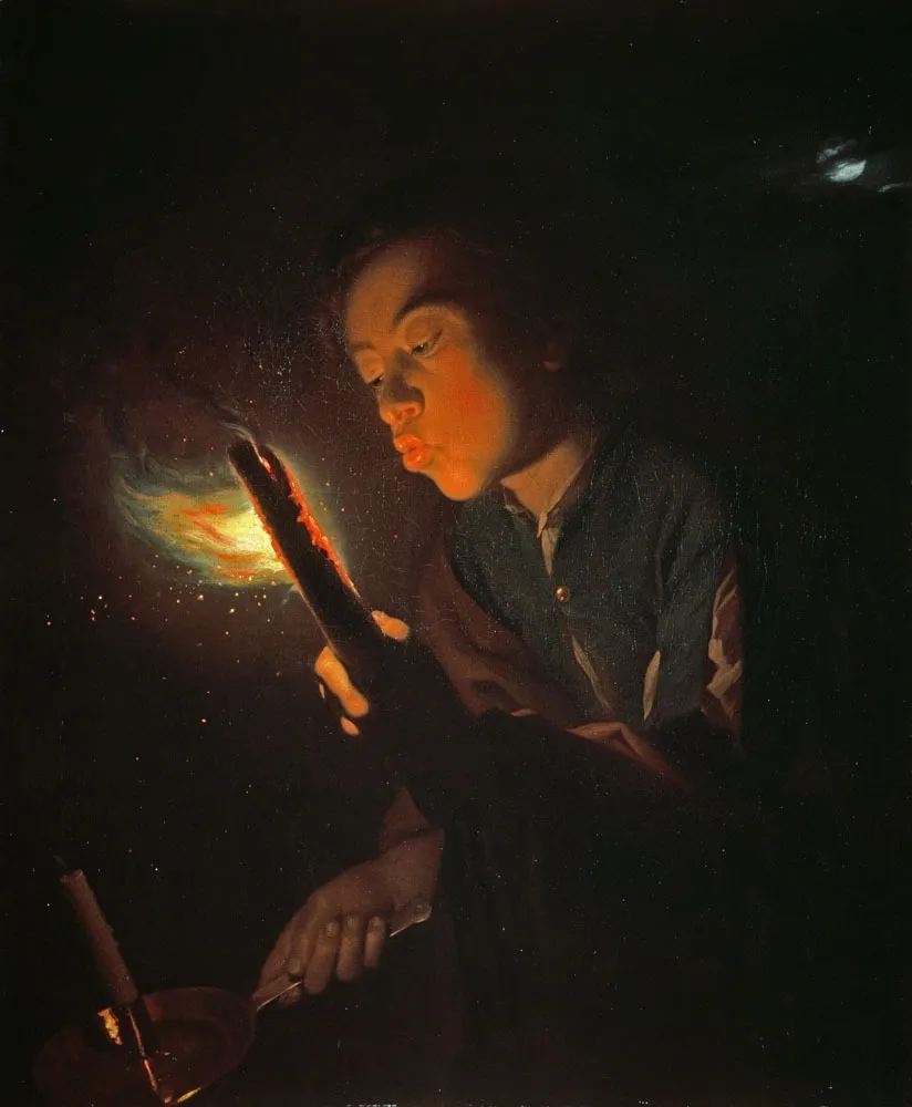 A Boy Blowing on a Firebrand to Light a Candle, by Godfried Schalcken, oil, 1696