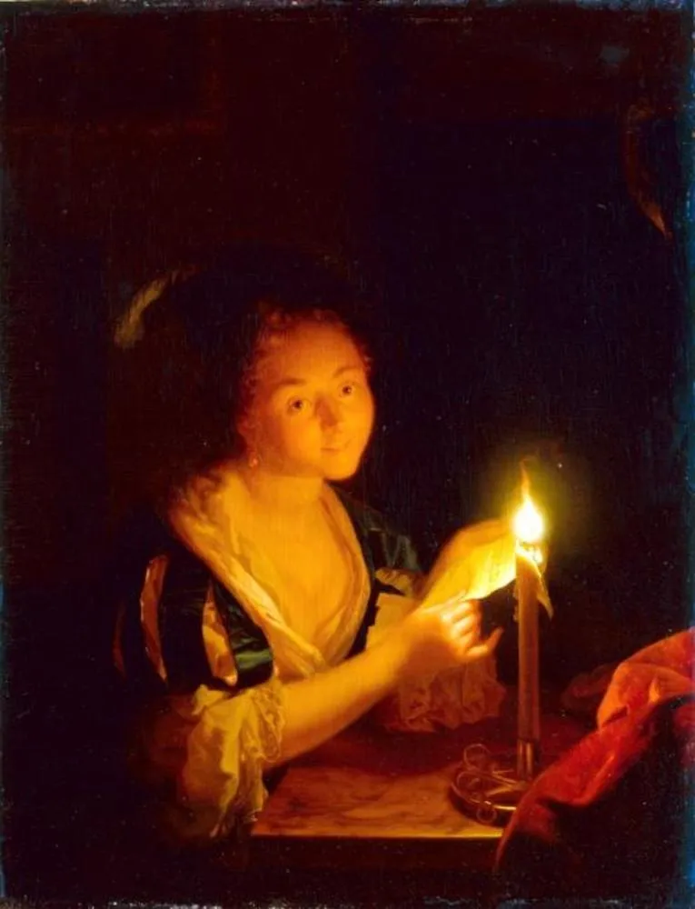 A Girl Reading a Letter, by Godfried Schalcken, oil, 1694
