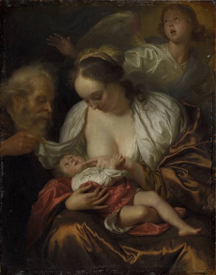 Holy Family with an Angel, by Godfried Schalcken, oil, 1696