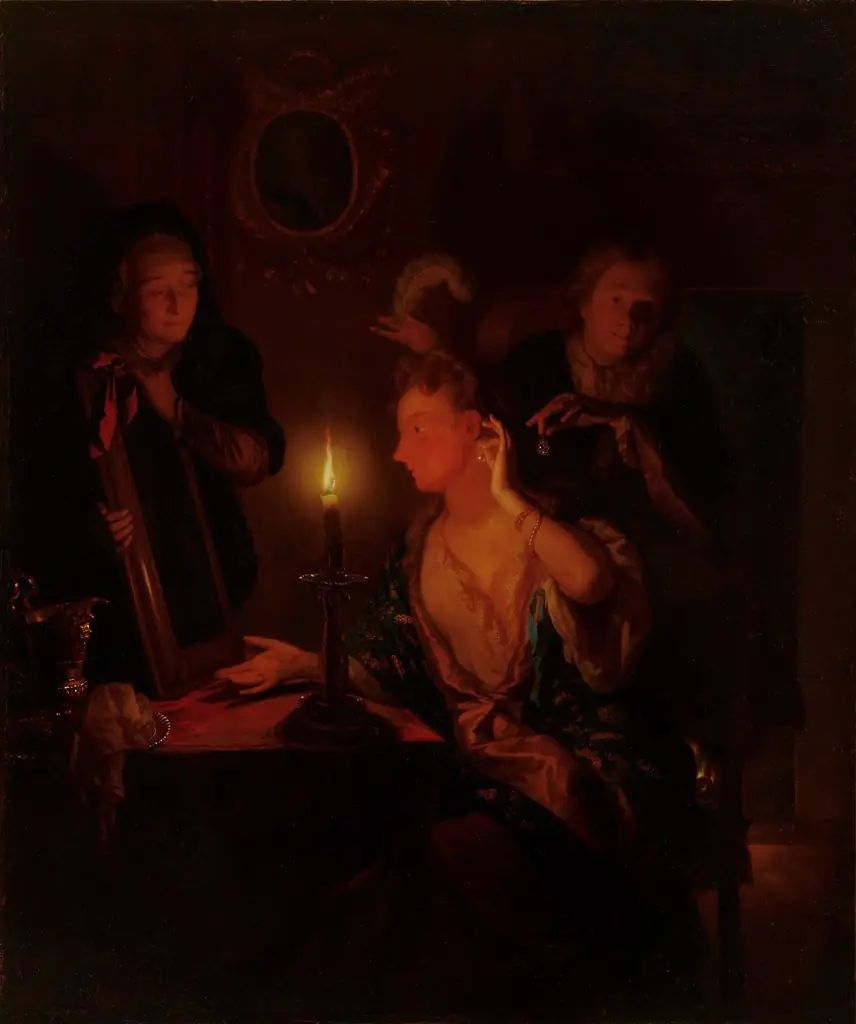 Lady at a Mirror by Candlelight, by Godfried Schalcken