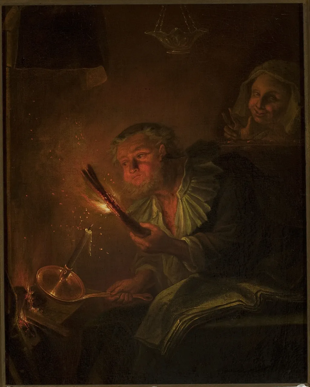 Man with a fire torch, by Godfried Schalcken, oil, 1684