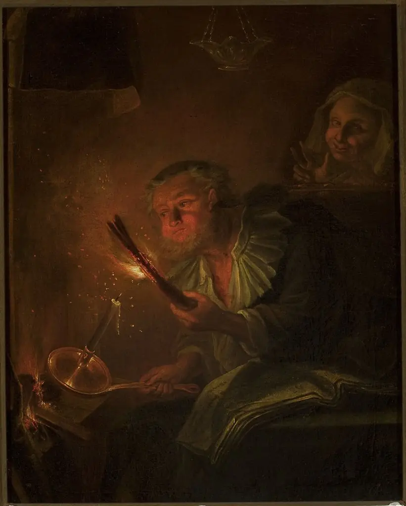 Man with a fire torch, by Godfried Schalcken
