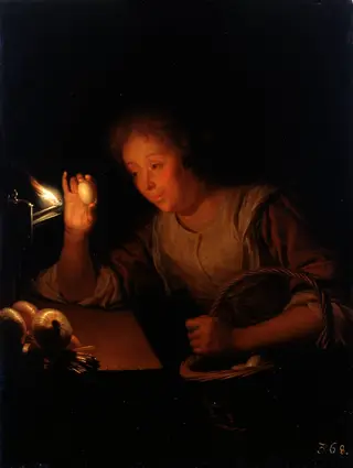 Woman holding an Egg up against a Lamp, by Godfried Schalcken, 1667